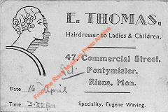 
E Thomas, hairdressers appointment card (b27)